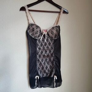 Sophie B VTG Y2K Bustier Lingerie Black Pink Lace Medium Coquette Lolita Bows